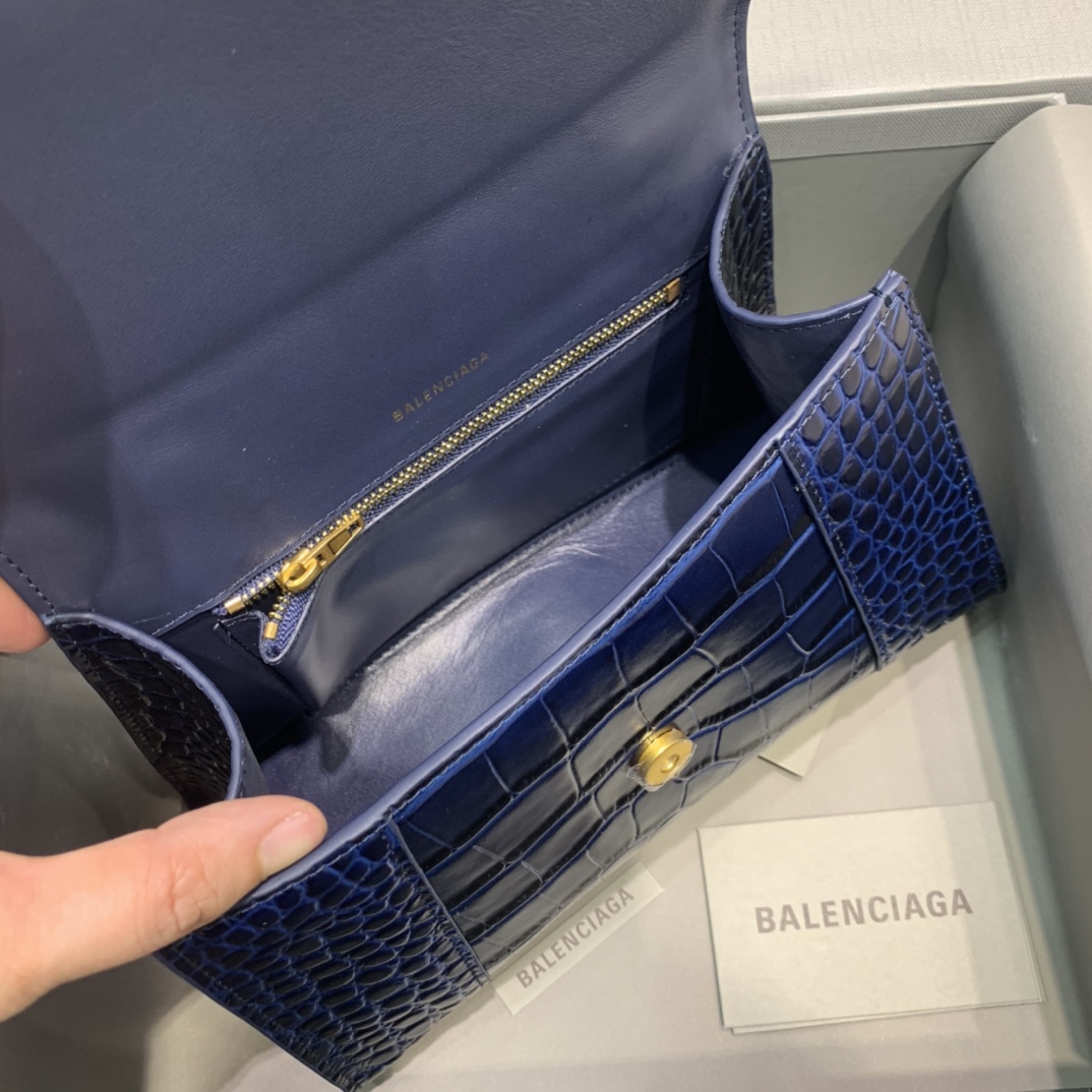 Balenciaga Hourglass XS Handbag Crocodile Embossed Shoulder Bag Dark Blue